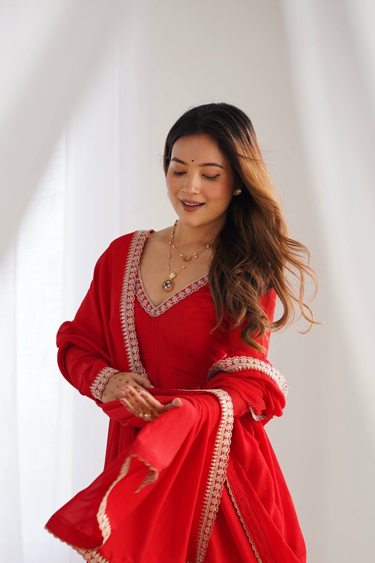 Red Embroidered Vichitra Silk Anarkali Suit with Dupatta - Side View