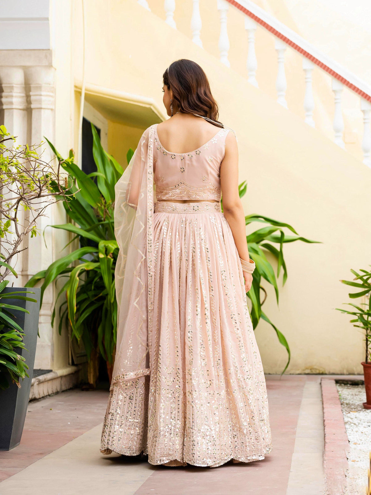 Peach Sequins Work Georgette Lehenga Choli With Net Dupatta