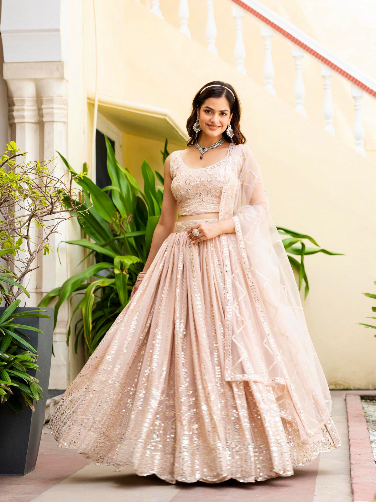 Peach Sequins Work Georgette Lehenga Choli With Net Dupatta