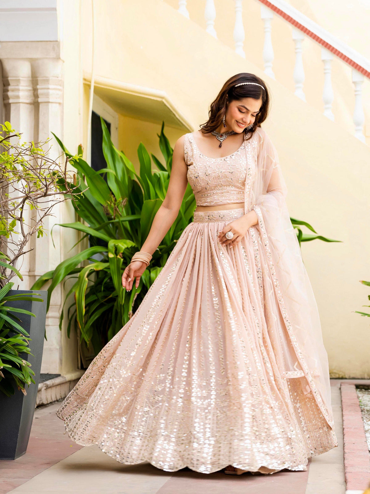 Peach Sequins Work Georgette Lehenga Choli With Net Dupatta
