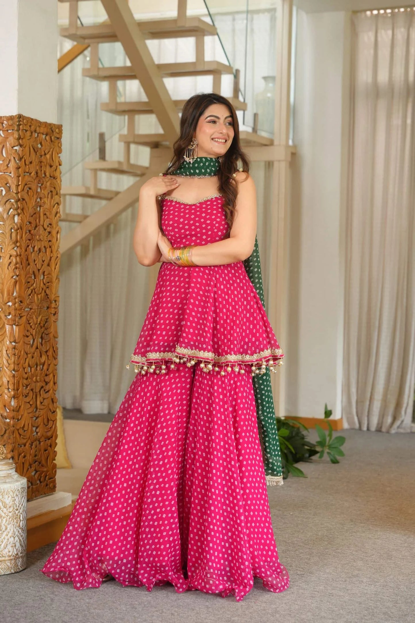 Pink Bandhani Print Peplum Sharara Suit with Green Dupatta