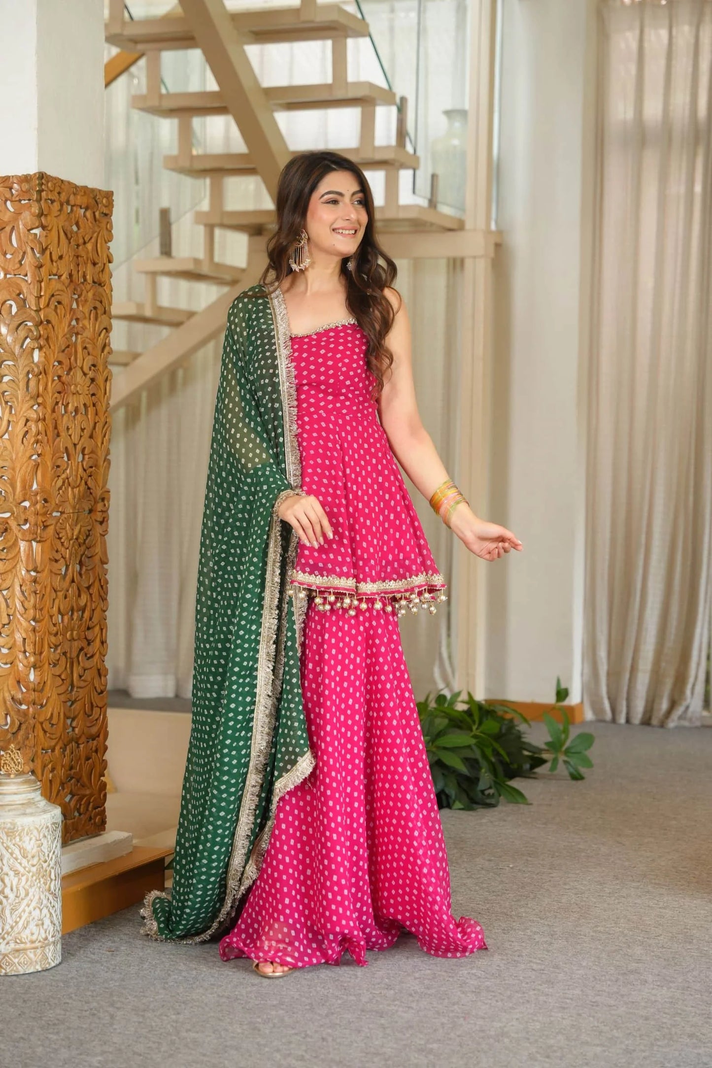 Pink Bandhani Print Peplum Sharara Suit with Green Dupatta
