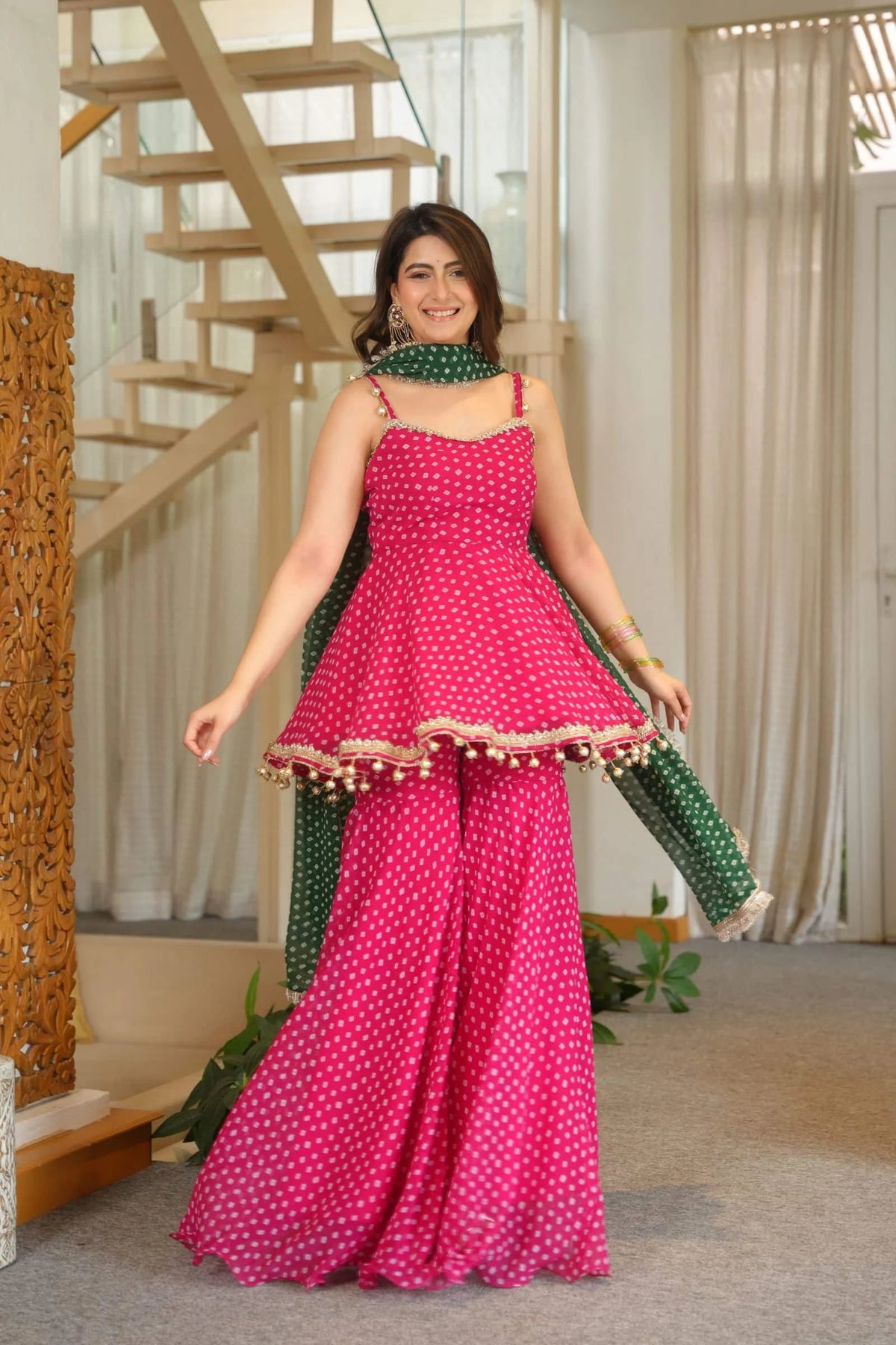 Pink Bandhani Print Peplum Sharara Suit with Green Dupatta