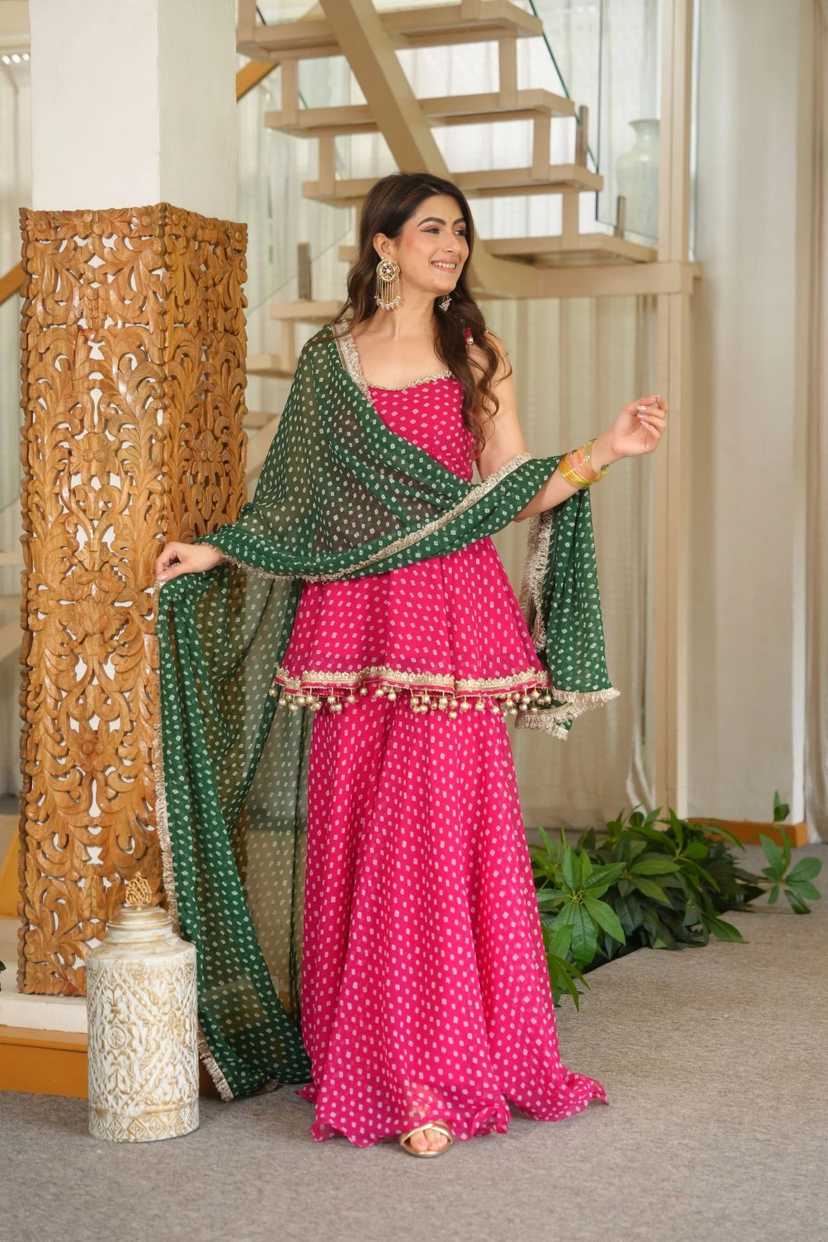 Pink Bandhani Print Peplum Sharara Suit with Green Dupatta