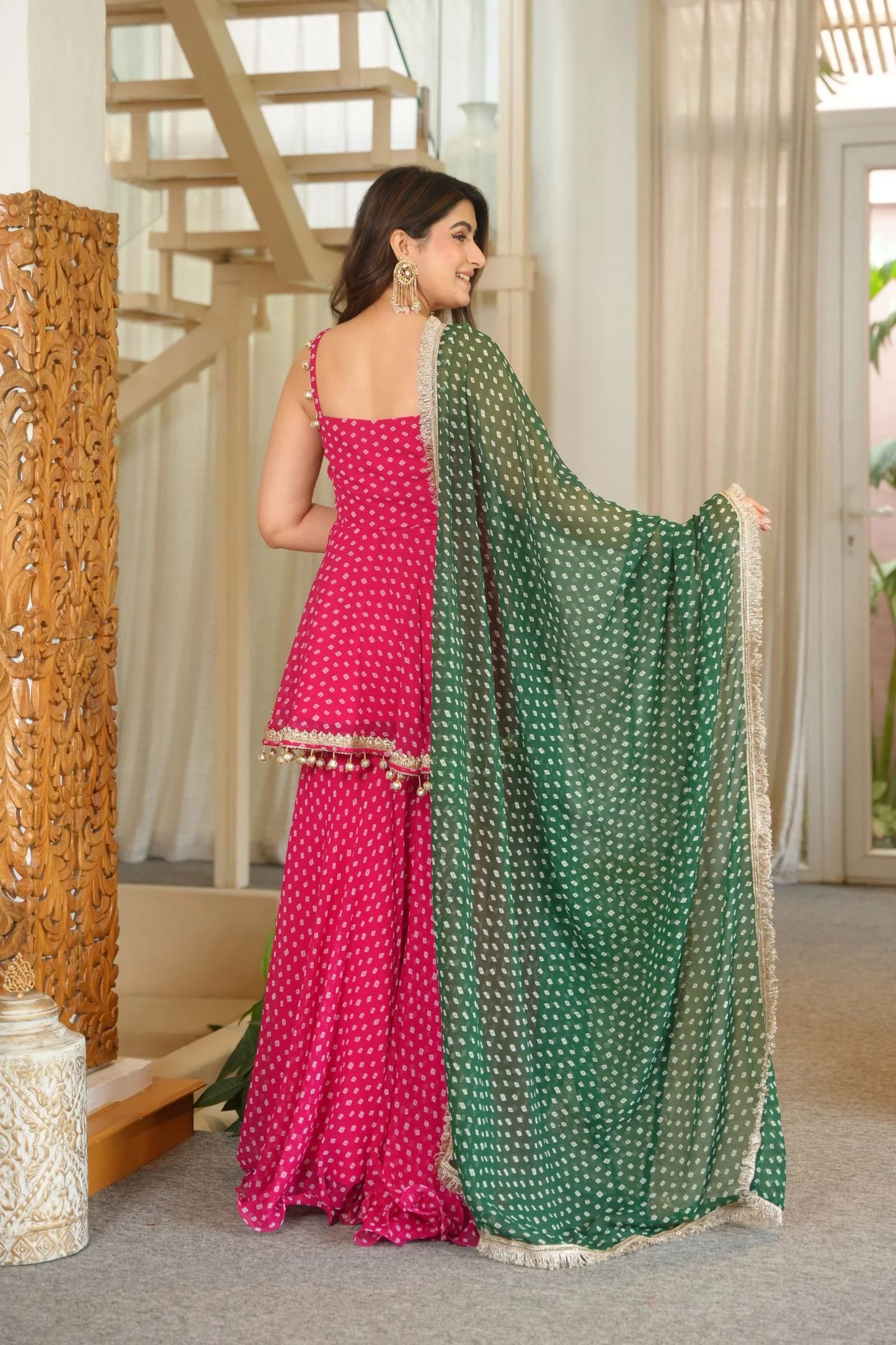 Pink Bandhani Print Peplum Sharara Suit with Green Dupatta