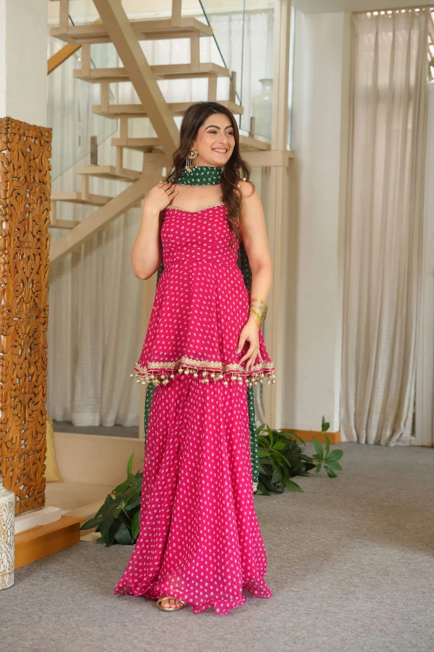 Pink Bandhani Print Peplum Sharara Suit with Green Dupatta