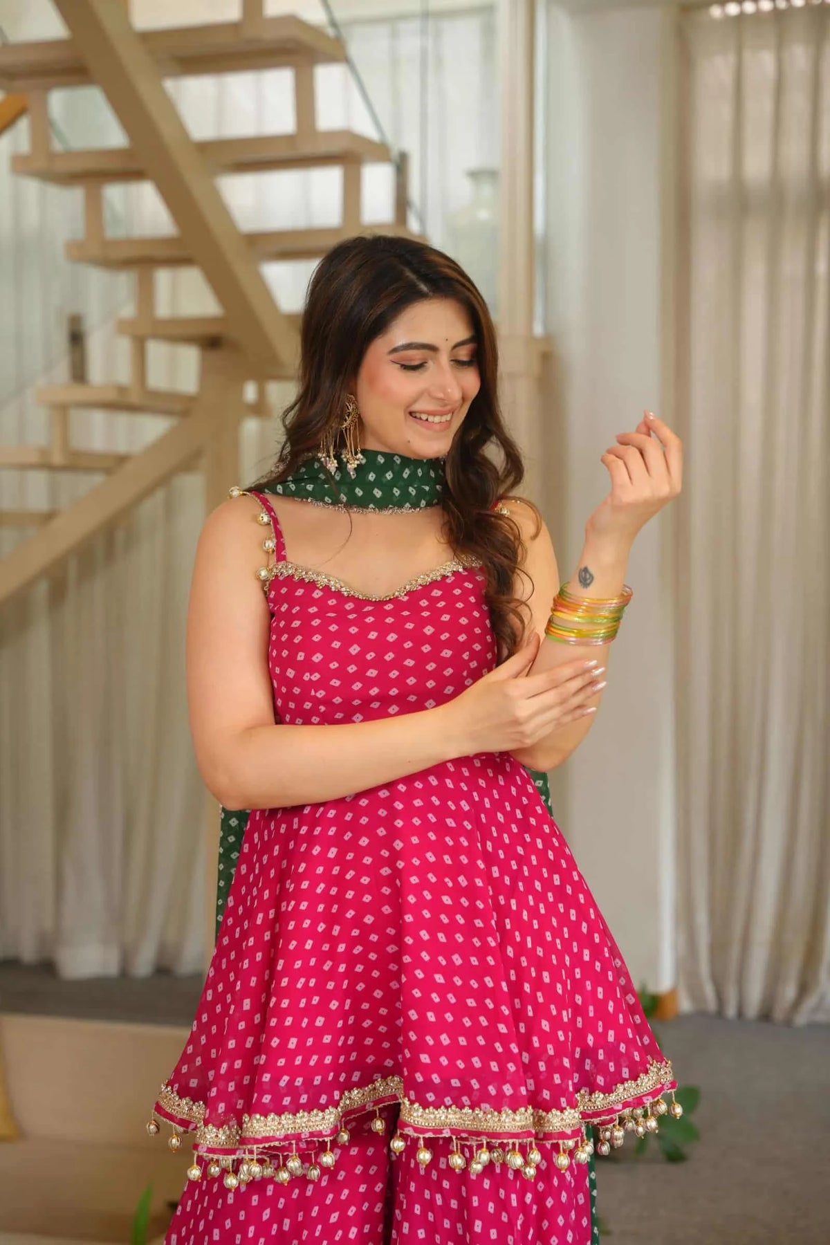 Pink Bandhani Print Peplum Sharara Suit with Green Dupatta