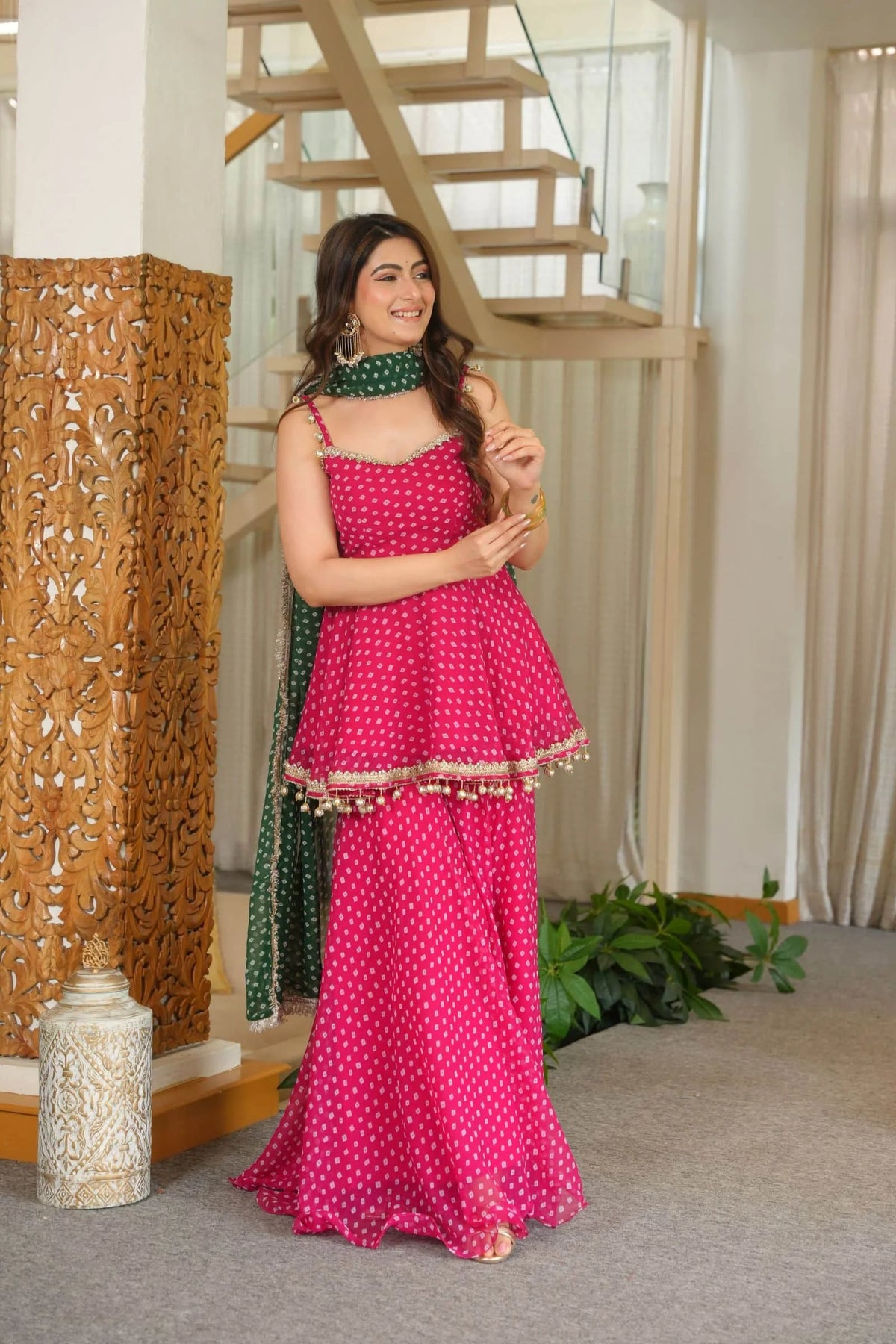 Pink Bandhani Print Peplum Sharara Suit with Green Dupatta