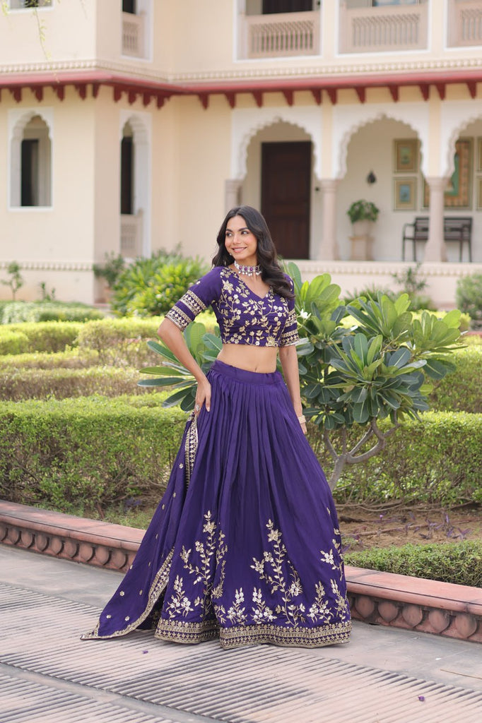 Purple Designer Vichitra Silk Sequins & Zari Embroidered Lehenga Choli Set with Matching Dupatta – Fully Stitched Festive & Wedding Wear Ensemble