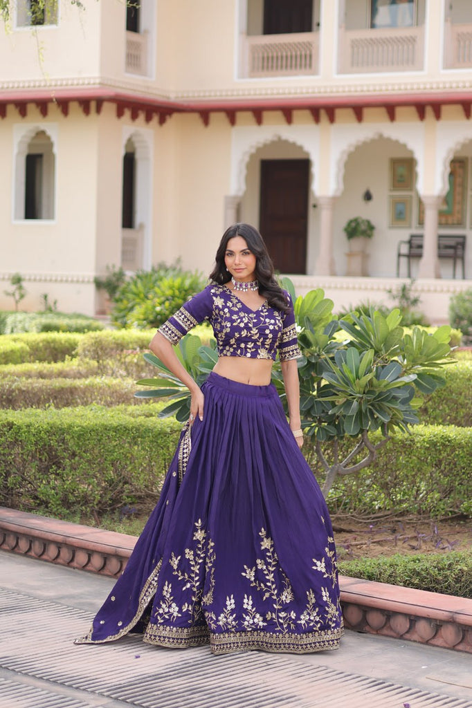 Purple Designer Vichitra Silk Sequins & Zari Embroidered Lehenga Choli Set with Matching Dupatta – Fully Stitched Festive & Wedding Wear Ensemble