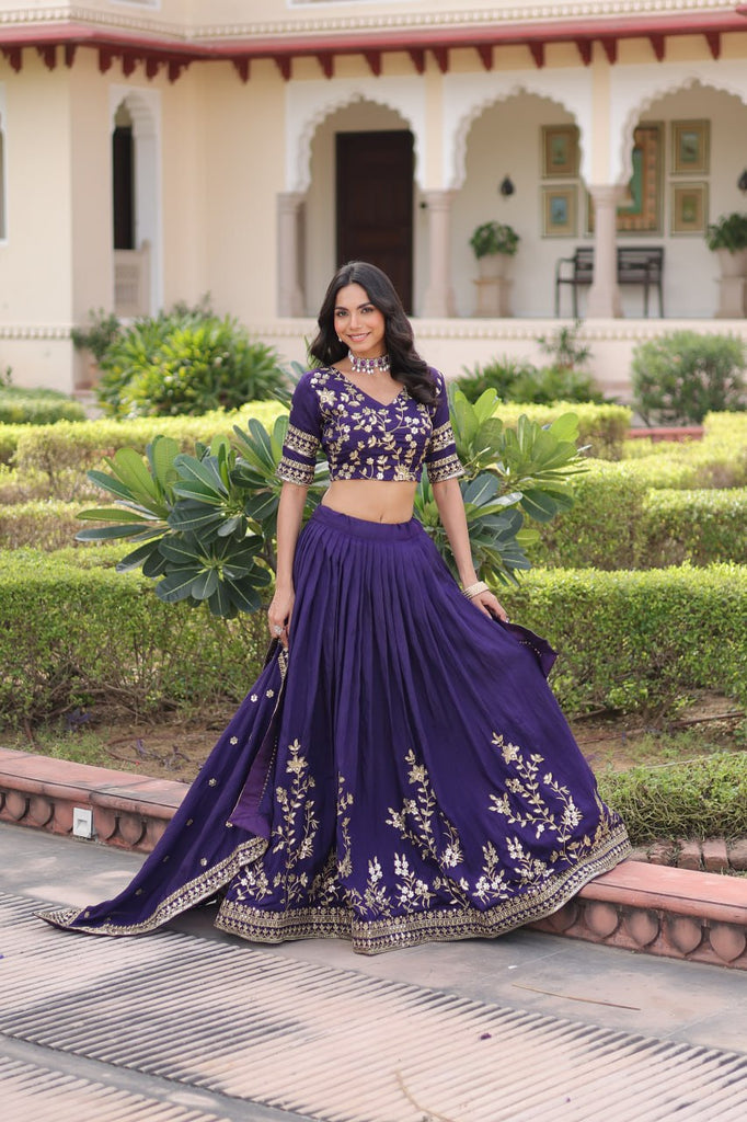 Purple Designer Vichitra Silk Sequins & Zari Embroidered Lehenga Choli Set with Matching Dupatta – Fully Stitched Festive & Wedding Wear Ensemble