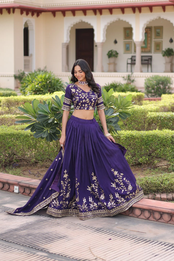 Purple Designer Vichitra Silk Sequins & Zari Embroidered Lehenga Choli Set with Matching Dupatta – Fully Stitched Festive & Wedding Wear Ensemble