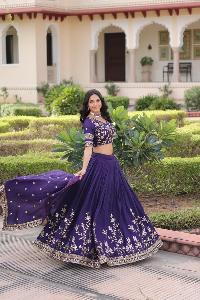 Purple Designer Vichitra Silk Sequins & Zari Embroidered Lehenga Choli Set with Matching Dupatta – Fully Stitched Festive & Wedding Wear Ensemble