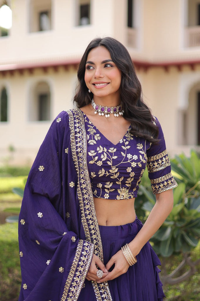 Purple Designer Vichitra Silk Sequins & Zari Embroidered Lehenga Choli Set with Matching Dupatta – Fully Stitched Festive & Wedding Wear Ensemble