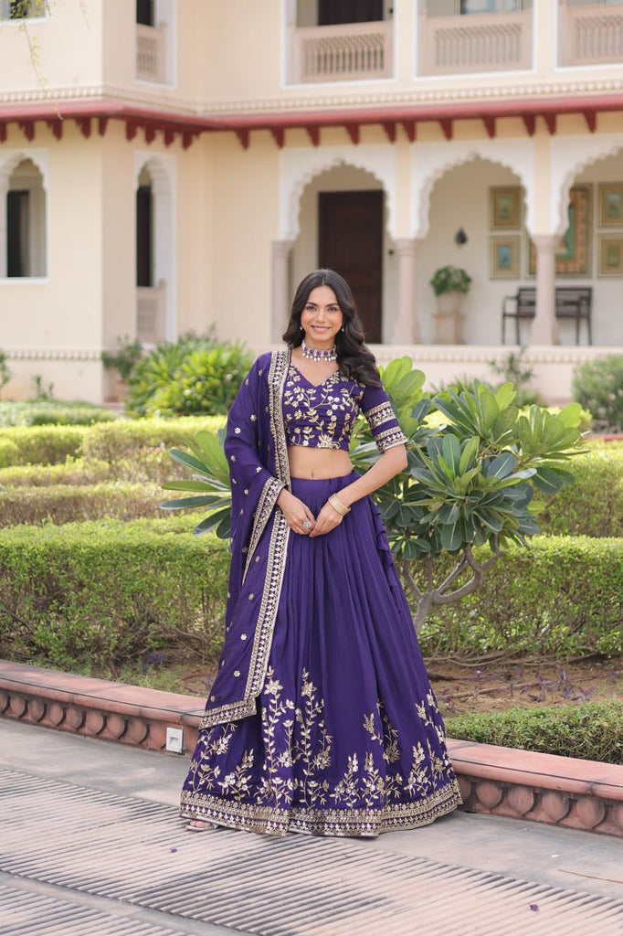 Purple Designer Vichitra Silk Sequins & Zari Embroidered Lehenga Choli Set with Matching Dupatta – Fully Stitched Festive & Wedding Wear Ensemble