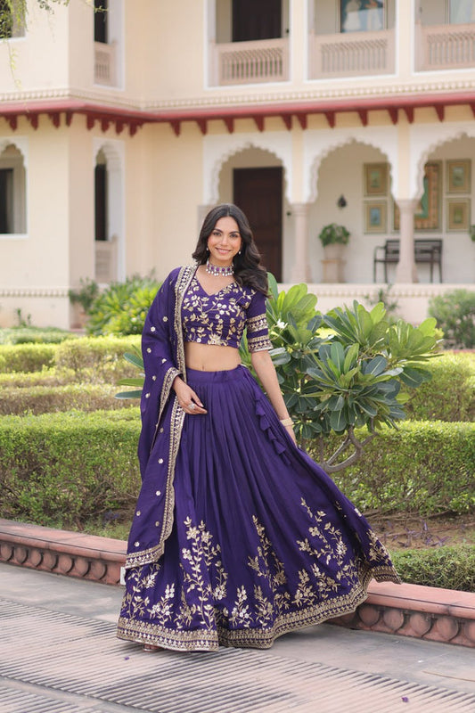 Purple Designer Vichitra Silk Sequins & Zari Embroidered Lehenga Choli Set with Matching Dupatta – Fully Stitched Festive & Wedding Wear Ensemble