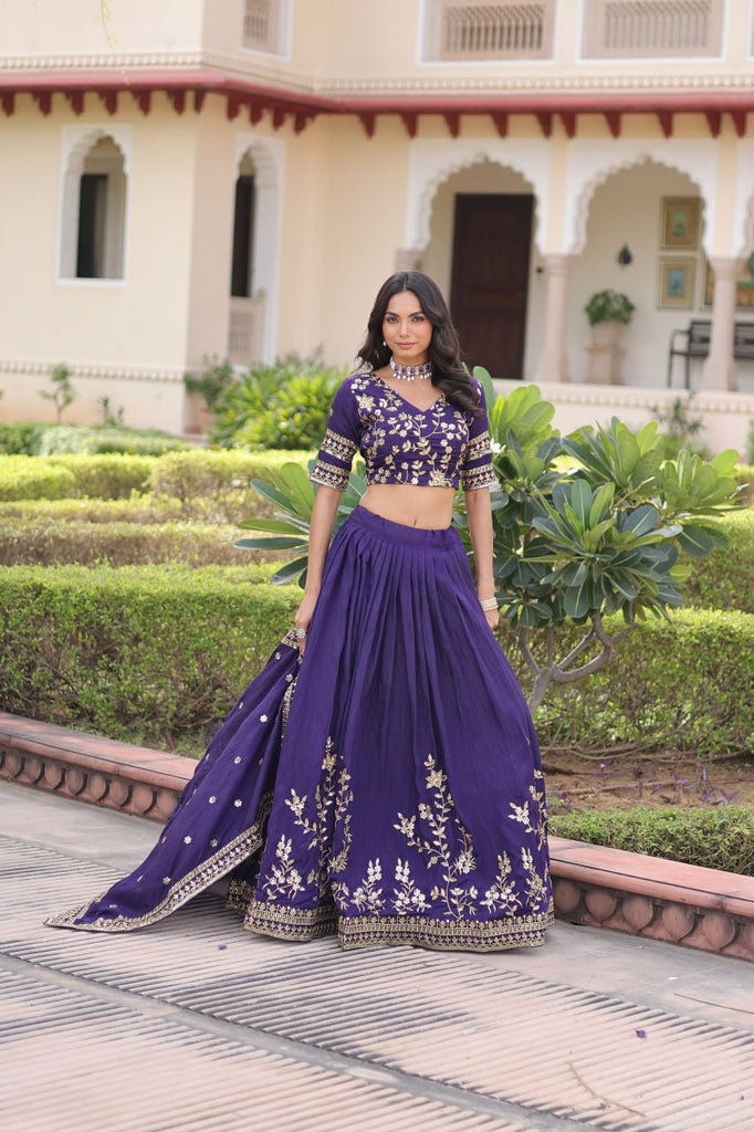 Purple Designer Vichitra Silk Sequins & Zari Embroidered Lehenga Choli Set with Matching Dupatta – Fully Stitched Festive & Wedding Wear Ensemble