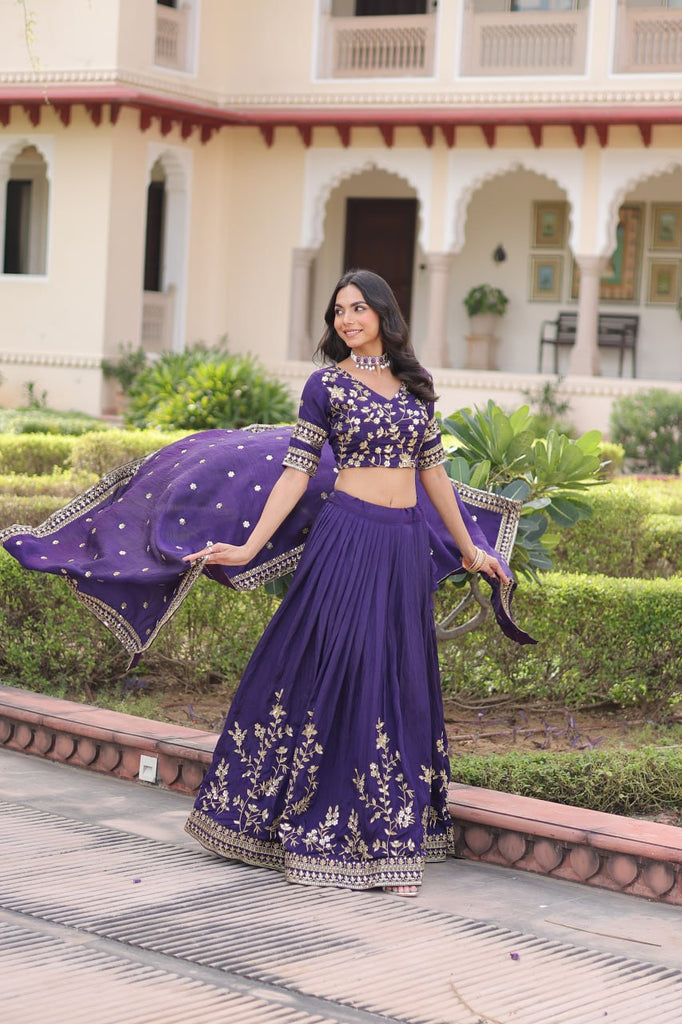 Purple Designer Vichitra Silk Sequins & Zari Embroidered Lehenga Choli Set with Matching Dupatta – Fully Stitched Festive & Wedding Wear Ensemble