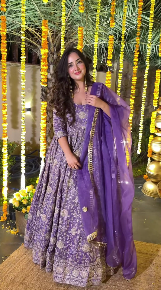 Purple Embroidered Anarkali Suit with Organza Dupatta for Wedding
