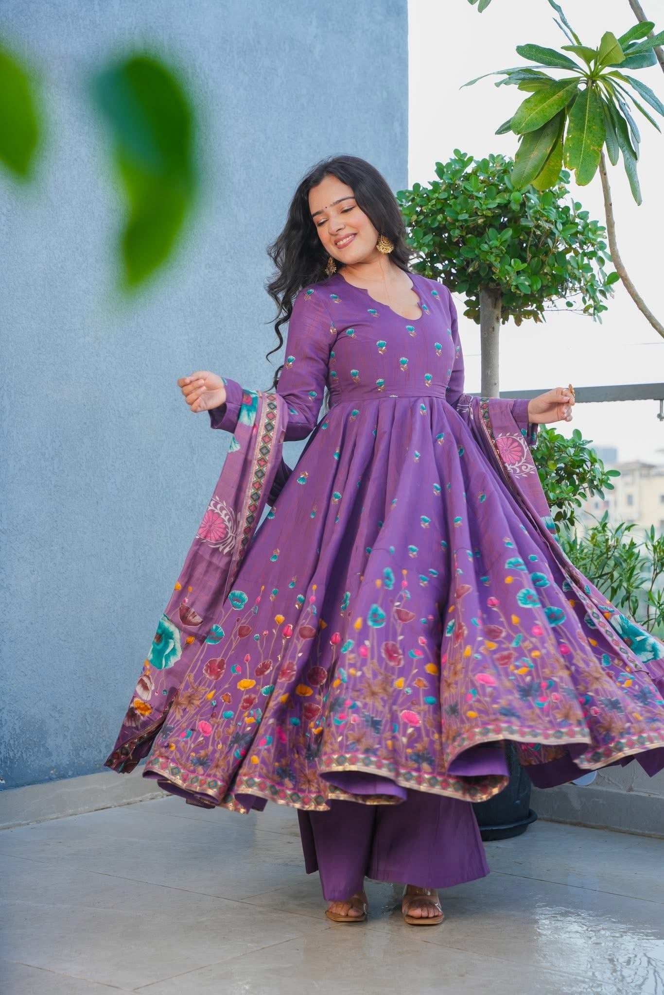 Purple Floral Flairy Anarkali Suit with Dupatta for Festive & Wedding Occasions