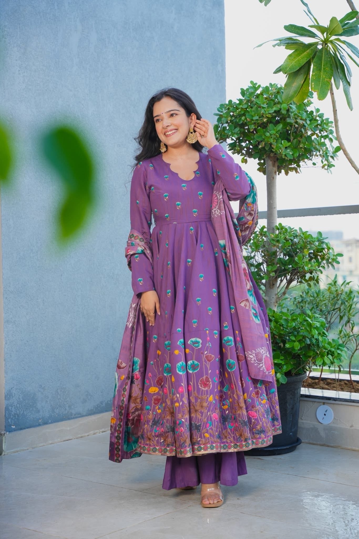 Purple Floral Flairy Anarkali Suit with Dupatta for Festive & Wedding Occasions