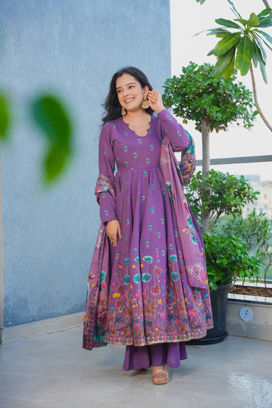 Purple Floral Flairy Anarkali Suit with Dupatta for Festive & Wedding Occasions