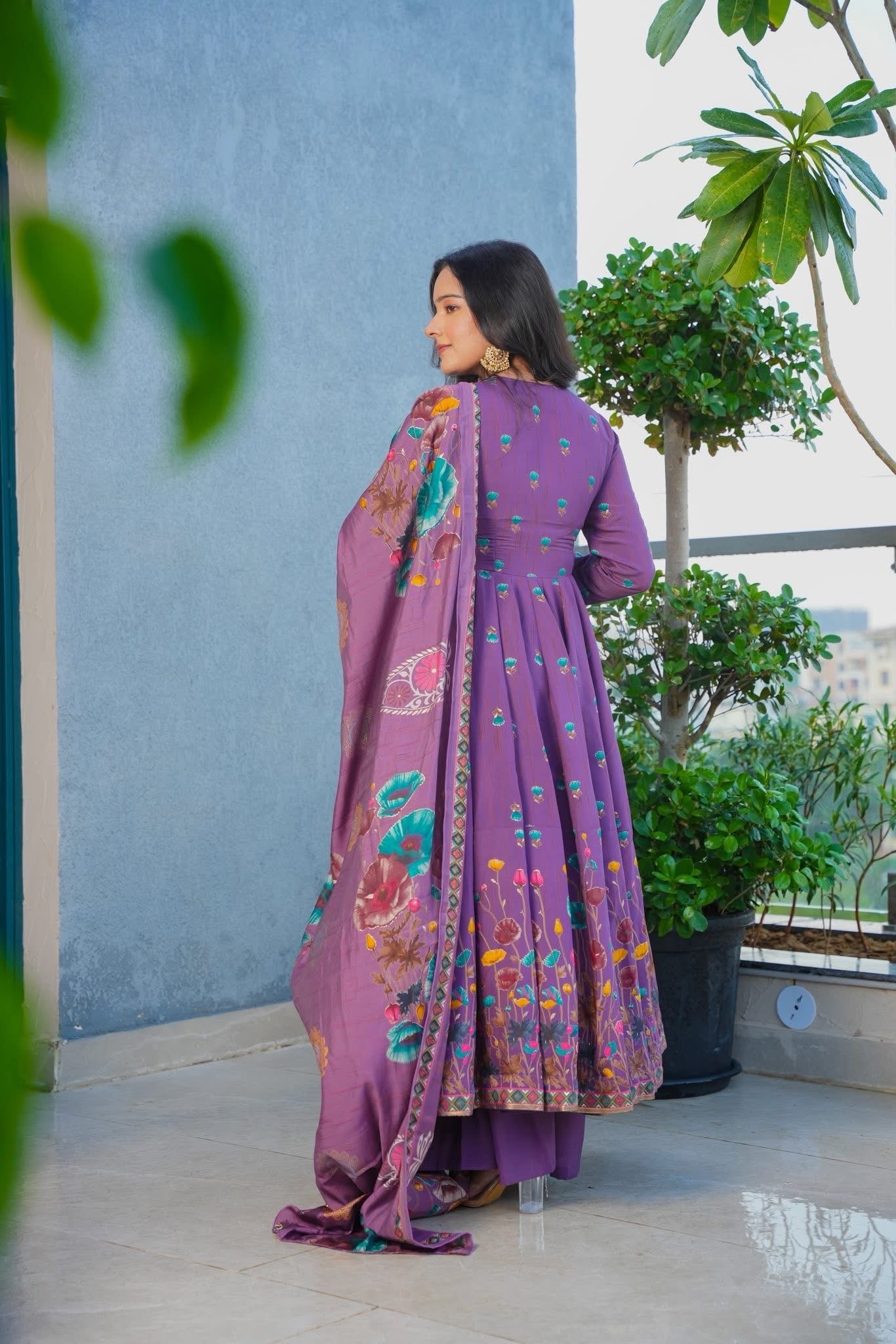 Purple Floral Flairy Anarkali Suit with Dupatta for Festive & Wedding Occasions