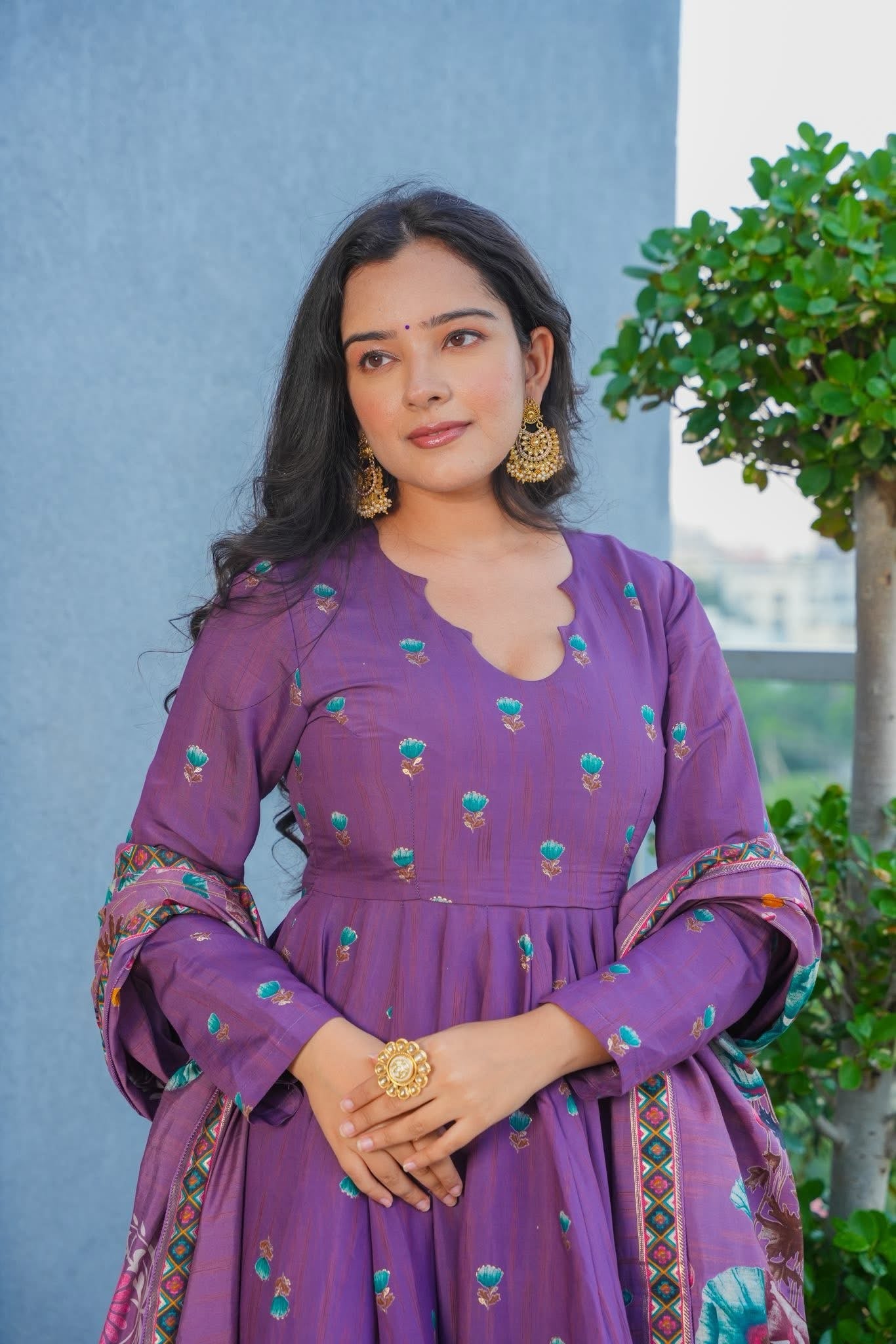 Purple Floral Flairy Anarkali Suit with Dupatta for Festive & Wedding Occasions