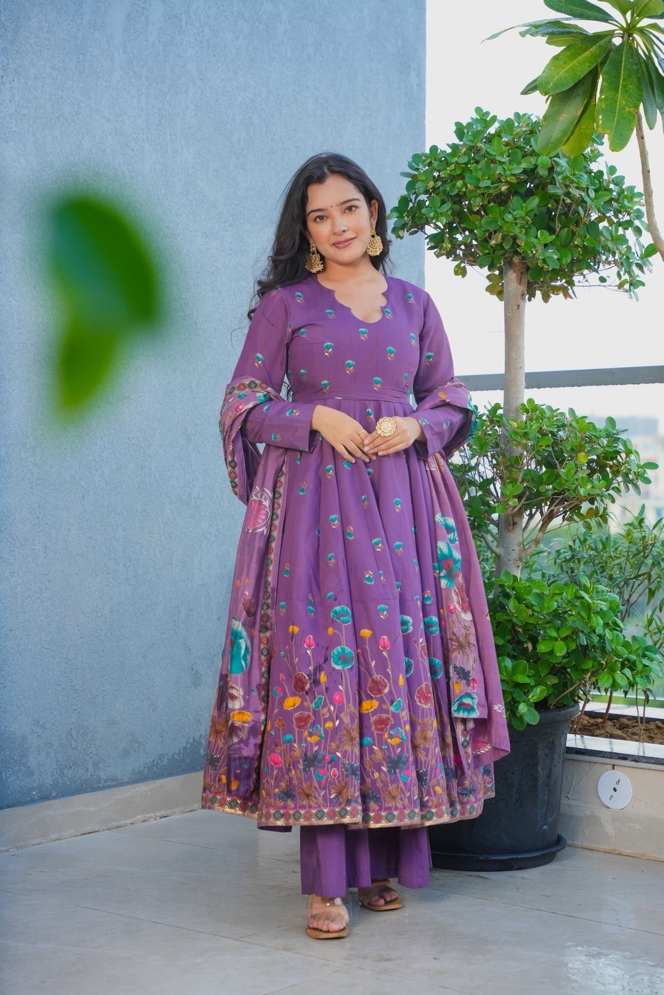 Purple Floral Flairy Anarkali Suit with Dupatta for Festive & Wedding Occasions