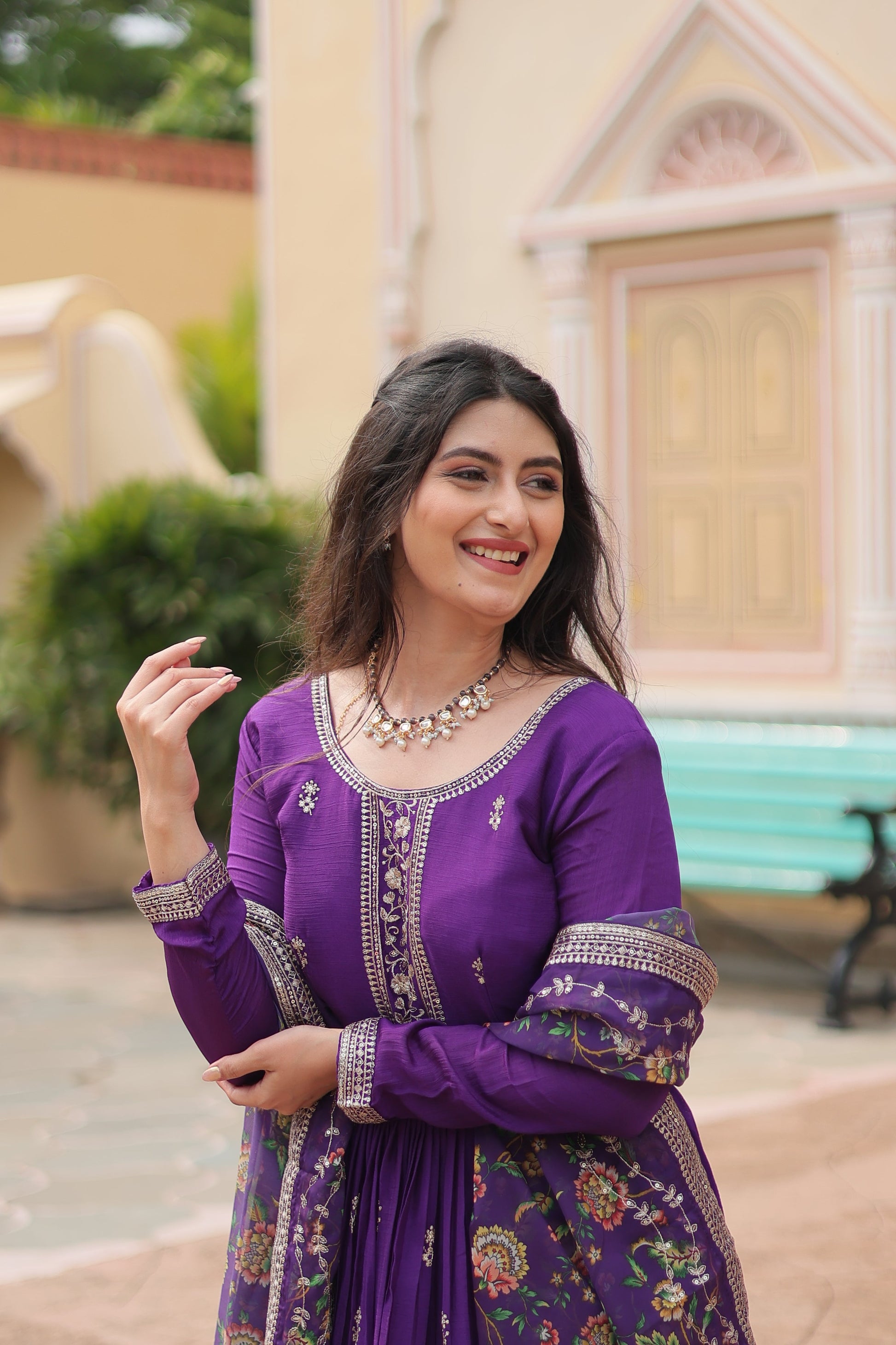 purple embroidered gown with dupatta 