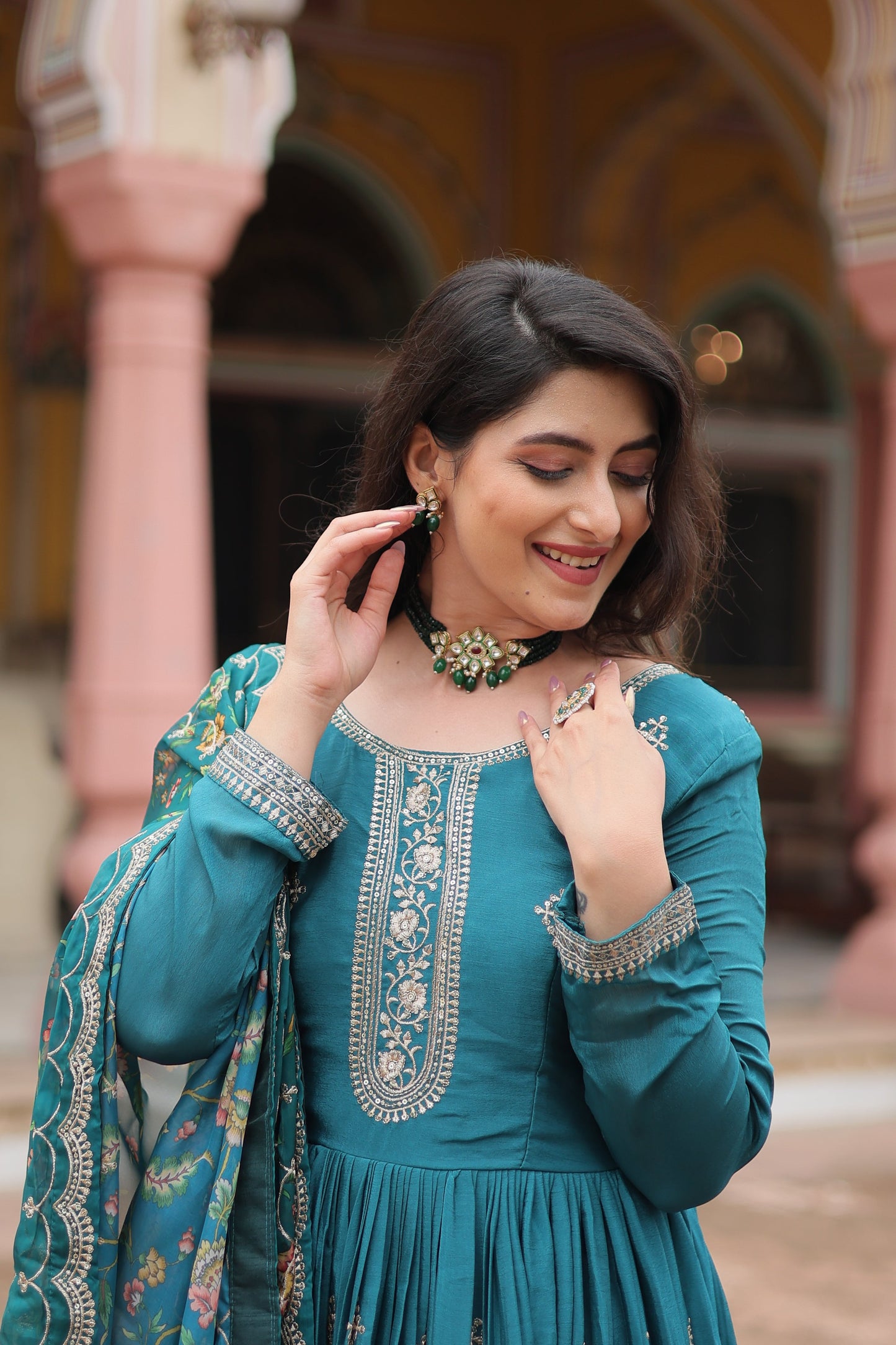 rama embroidered gown with dupatta 