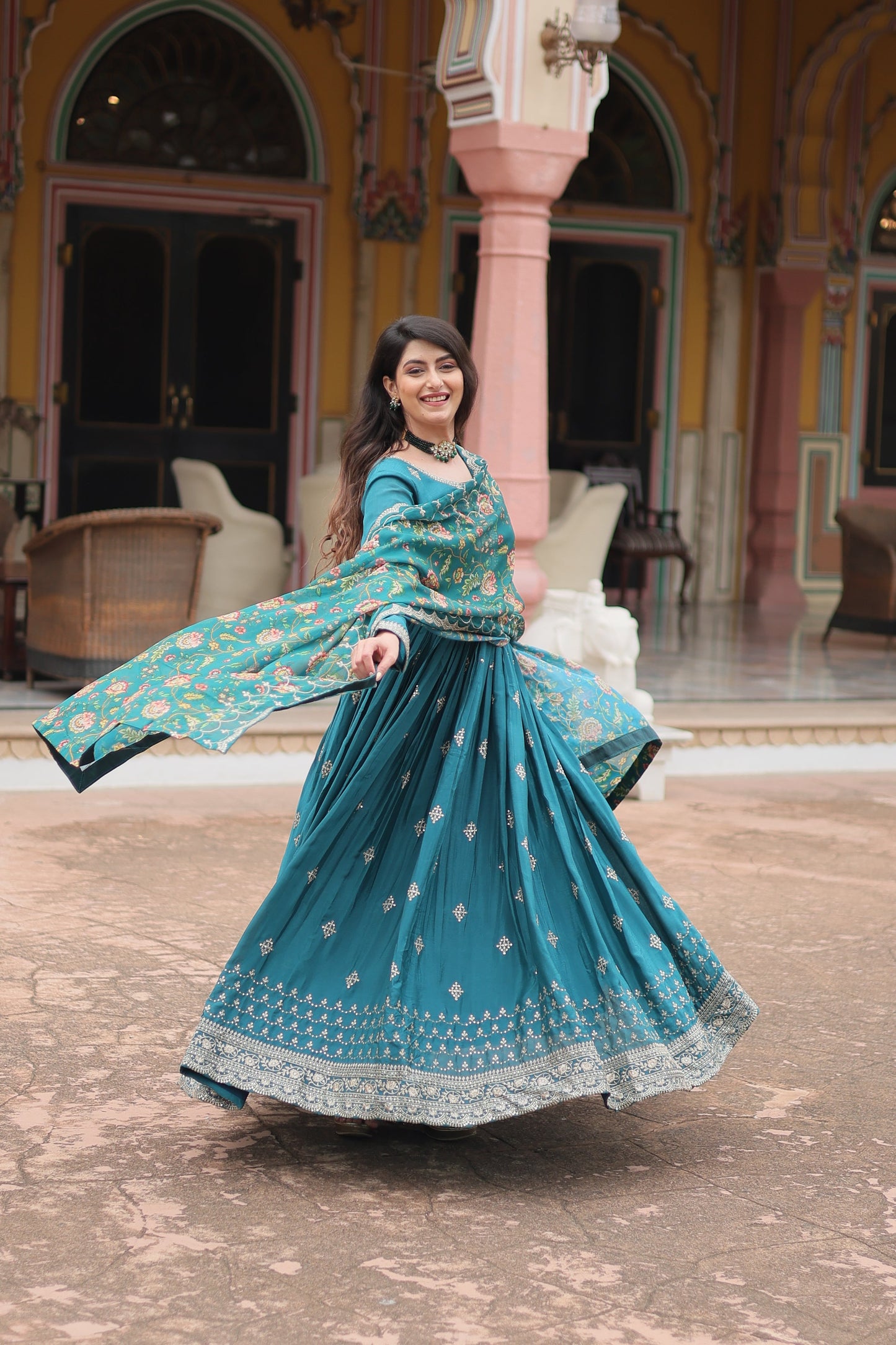 rama embroidered gown with dupatta 
