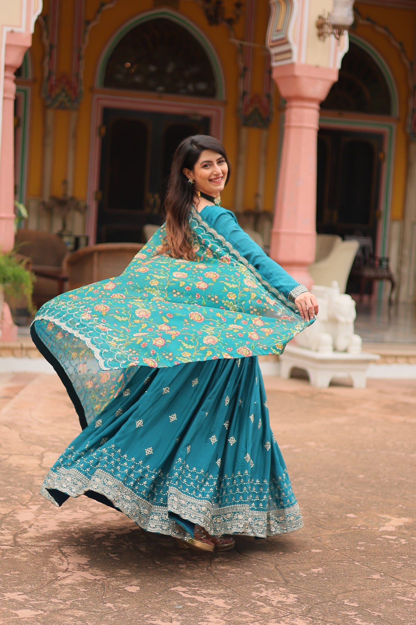 rama embroidered gown with dupatta 