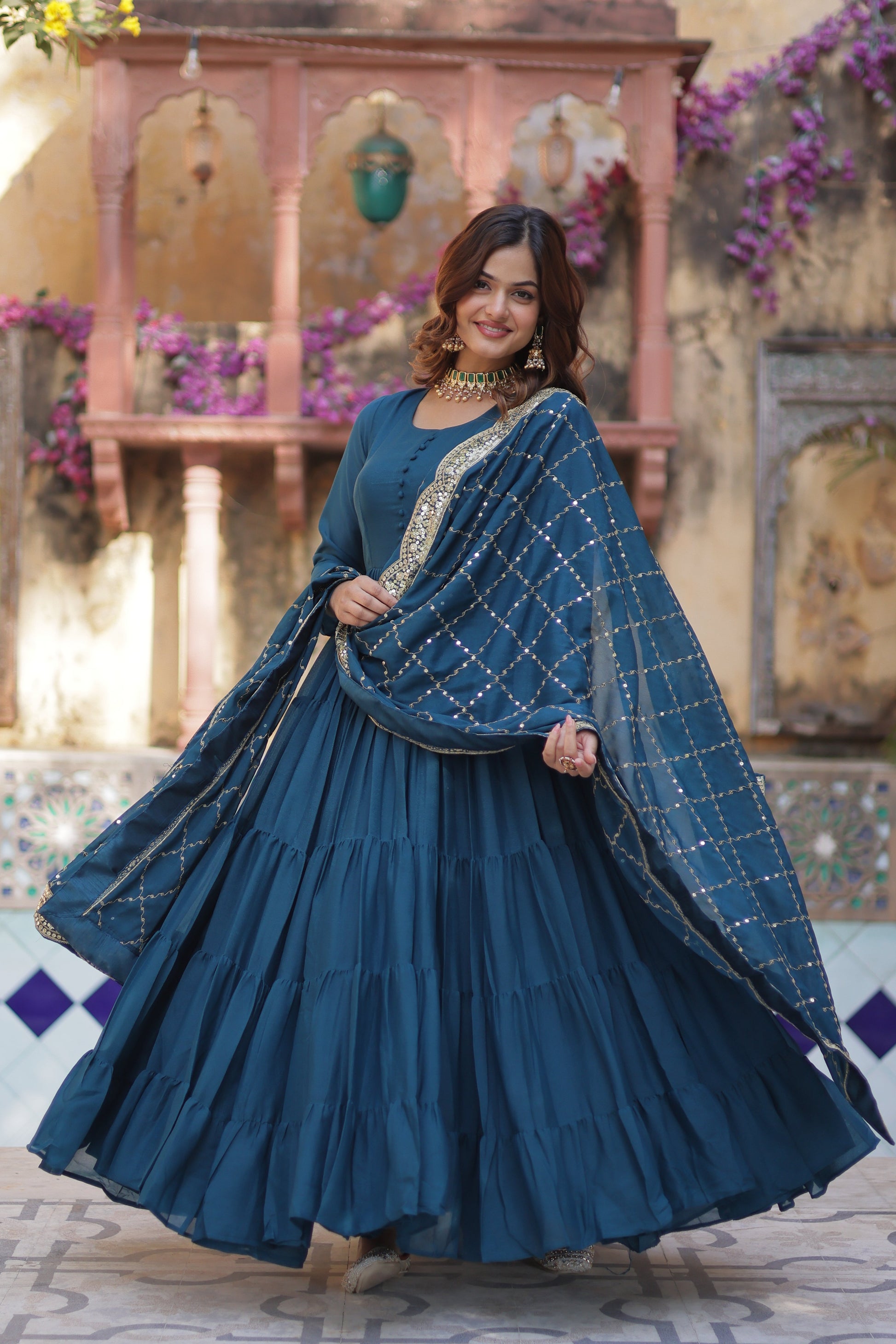 rama gown with dupatta 