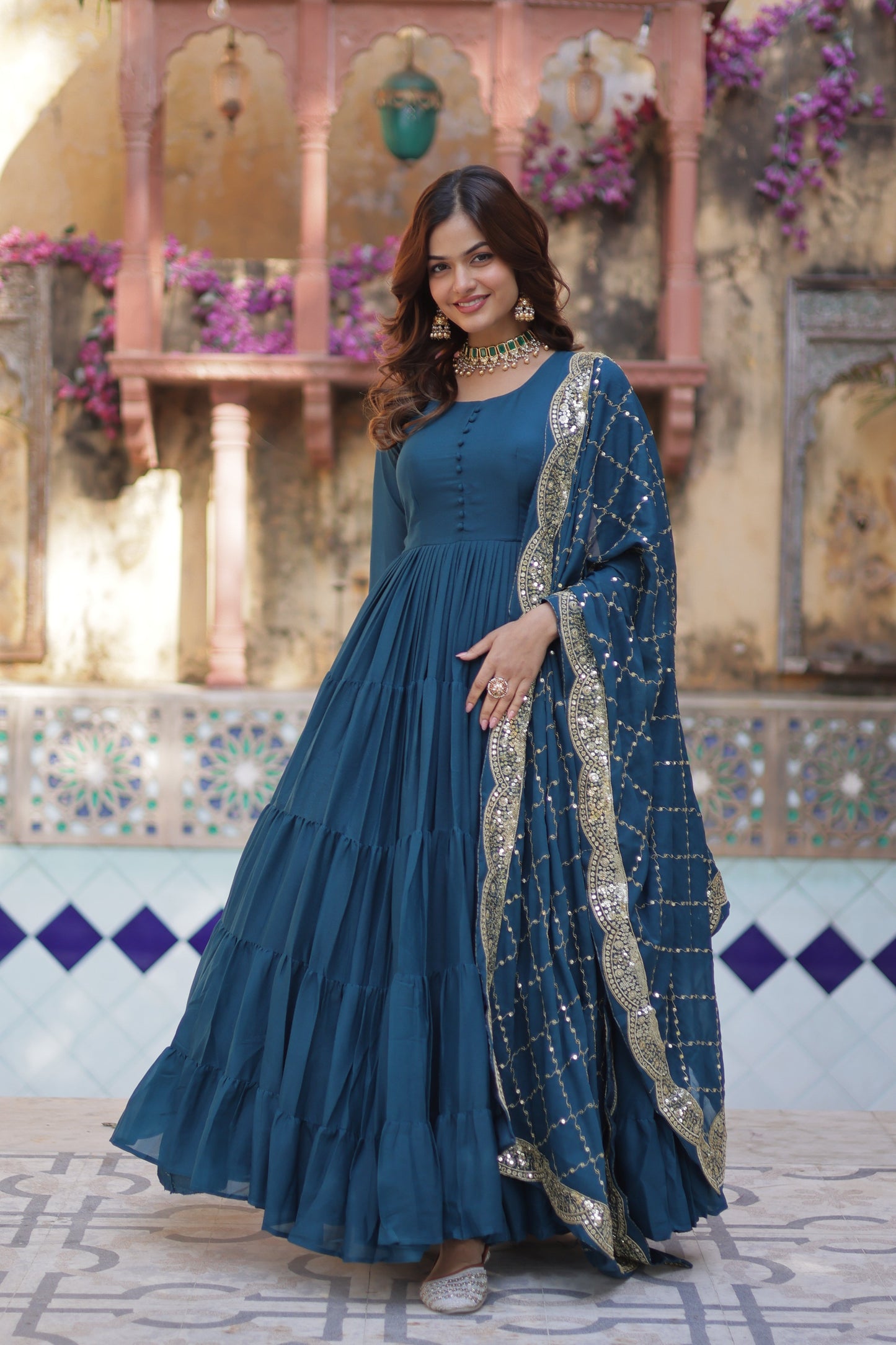 rama gown with dupatta 