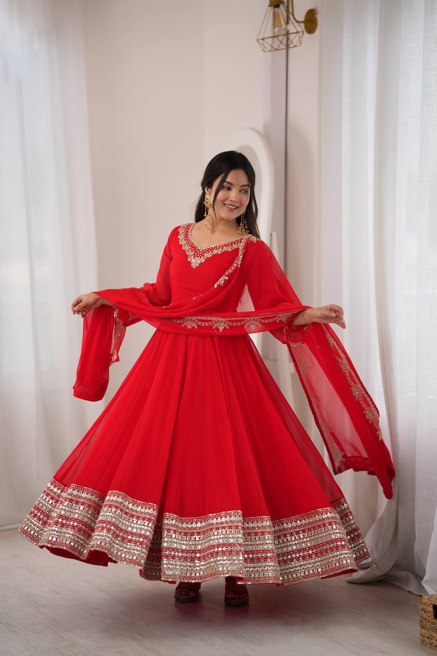 Red Anarkali Suit with Dupatta for Wedding & Festive Occasions