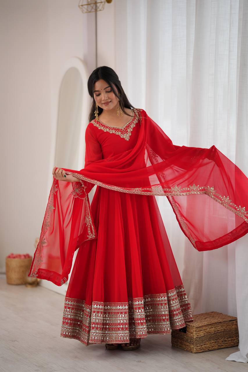 Red Anarkali Suit with Dupatta for Wedding & Festive Occasions