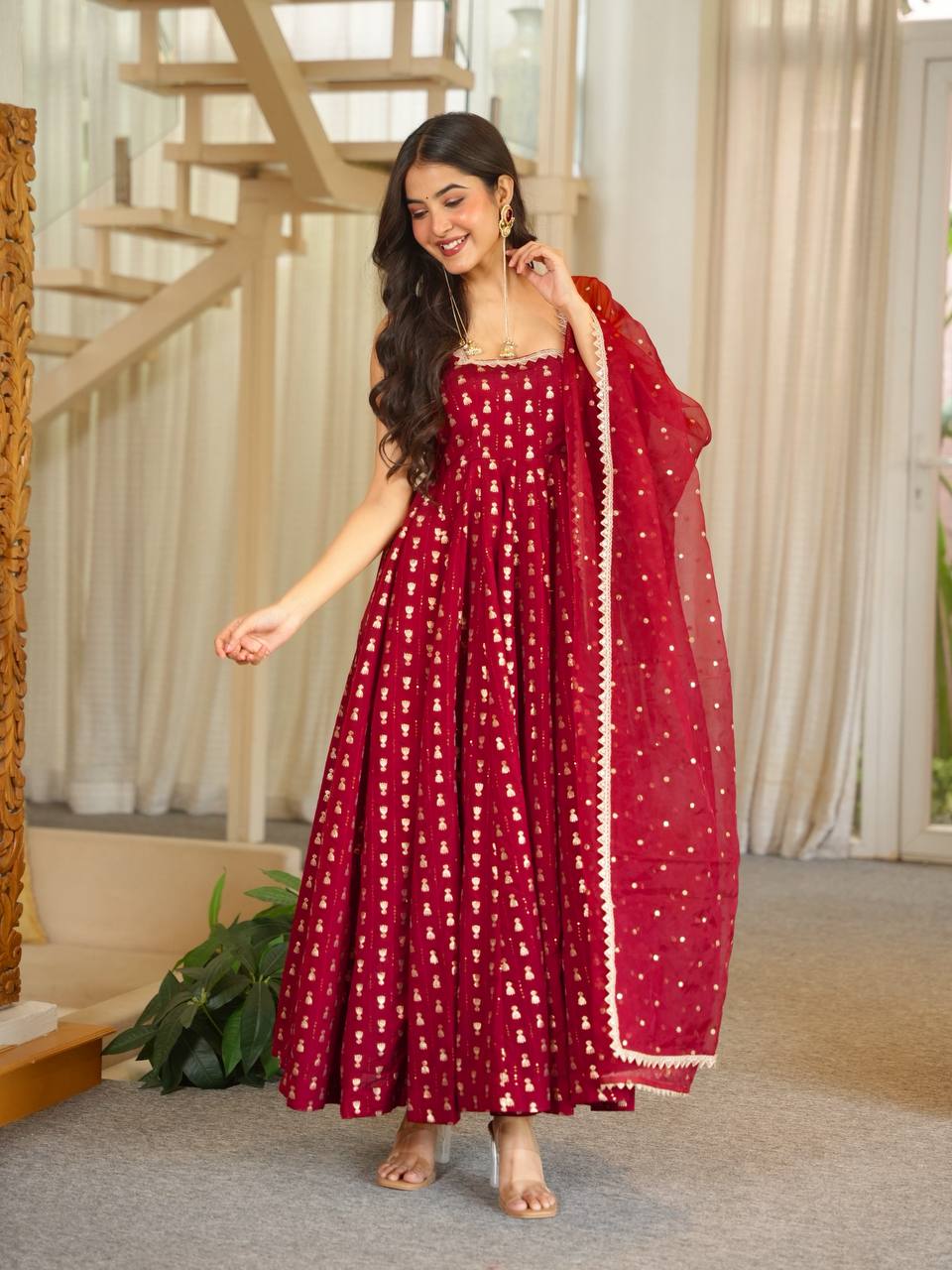Red Anarkali Suit with Gold Jacquard Butti & Net Dupatta