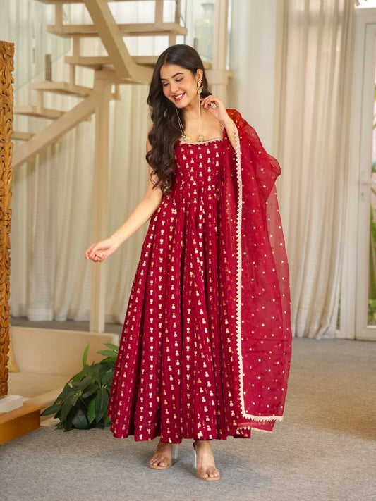 Red Anarkali Suit with Gold Jacquard Butti & Net Dupatta