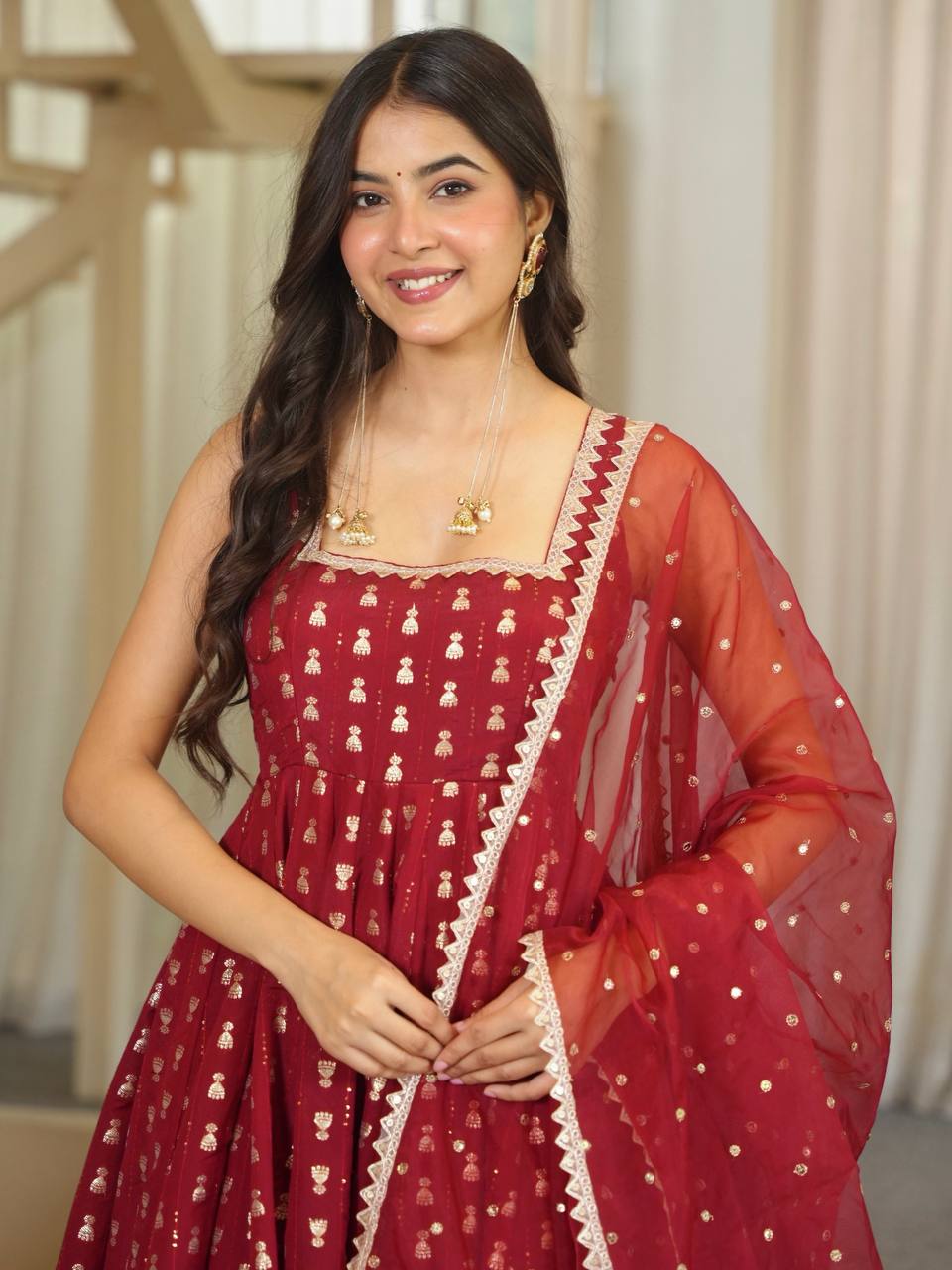 Red Anarkali Suit with Gold Jacquard Butti & Net Dupatta