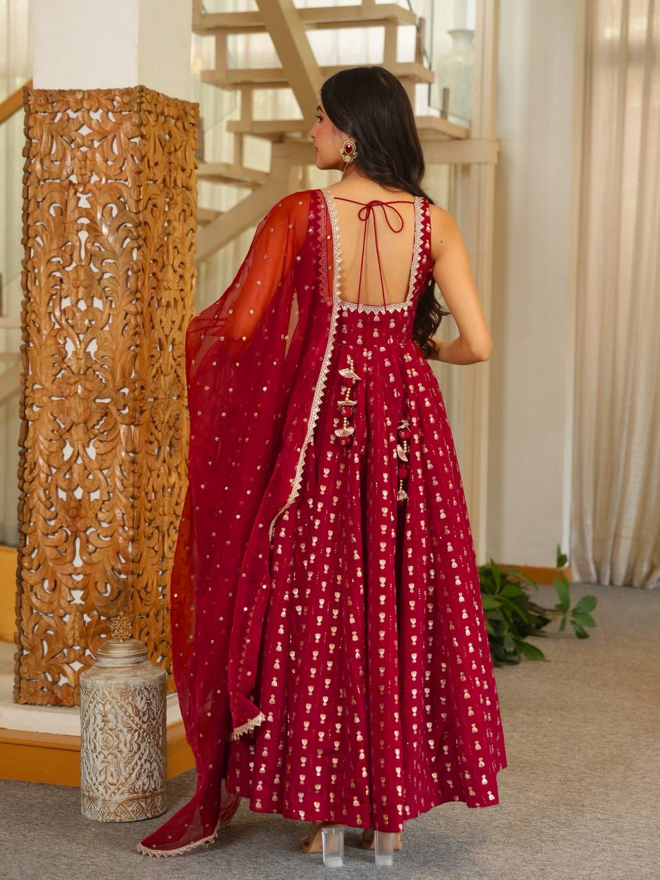 Red Anarkali Suit with Gold Jacquard Butti & Net Dupatta