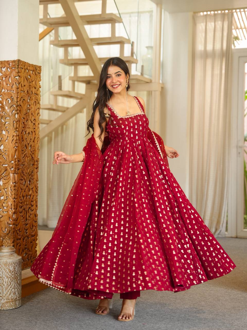 Red Anarkali Suit with Gold Jacquard Butti & Net Dupatta