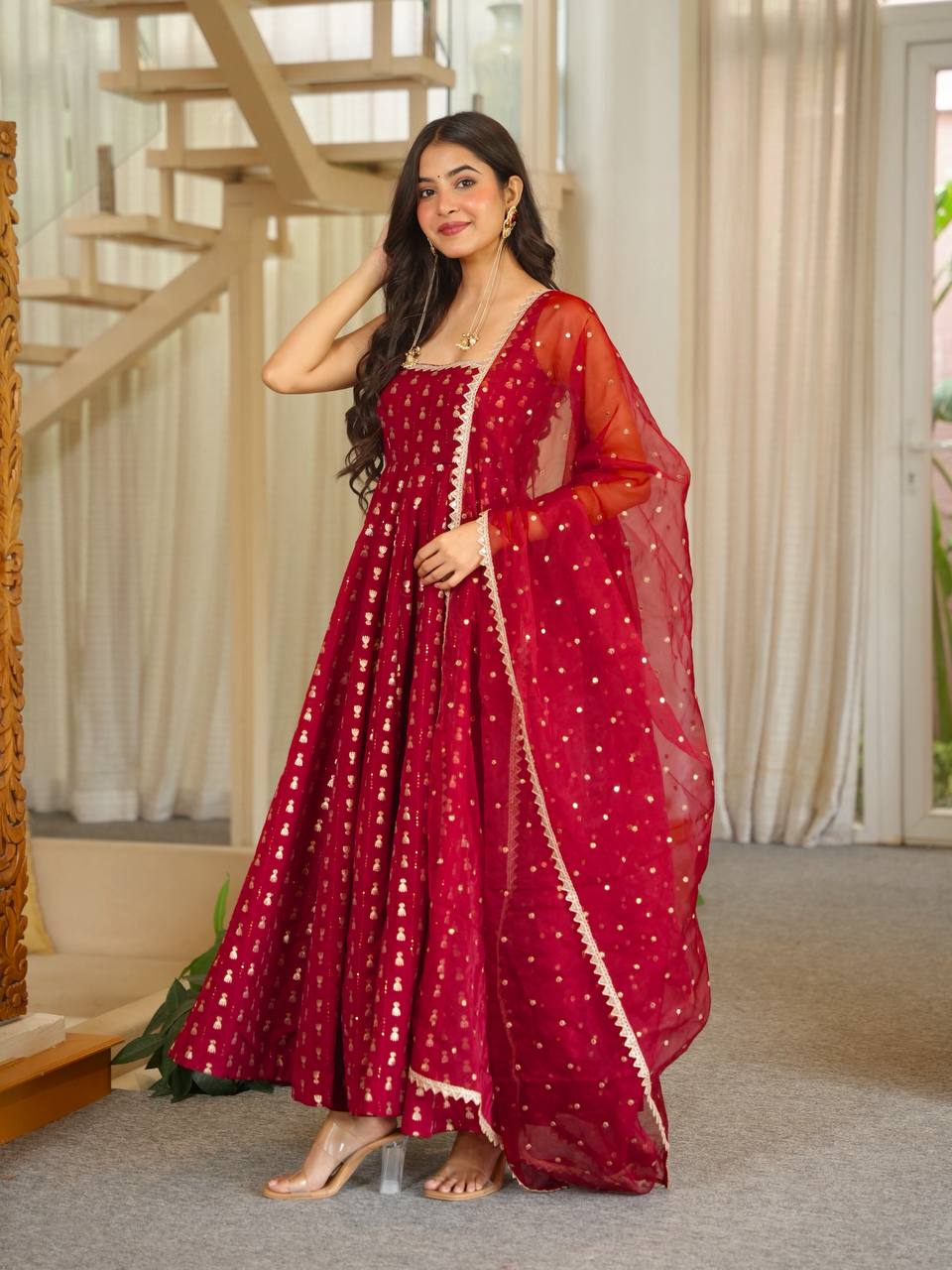 Red Anarkali Suit with Gold Jacquard Butti & Net Dupatta