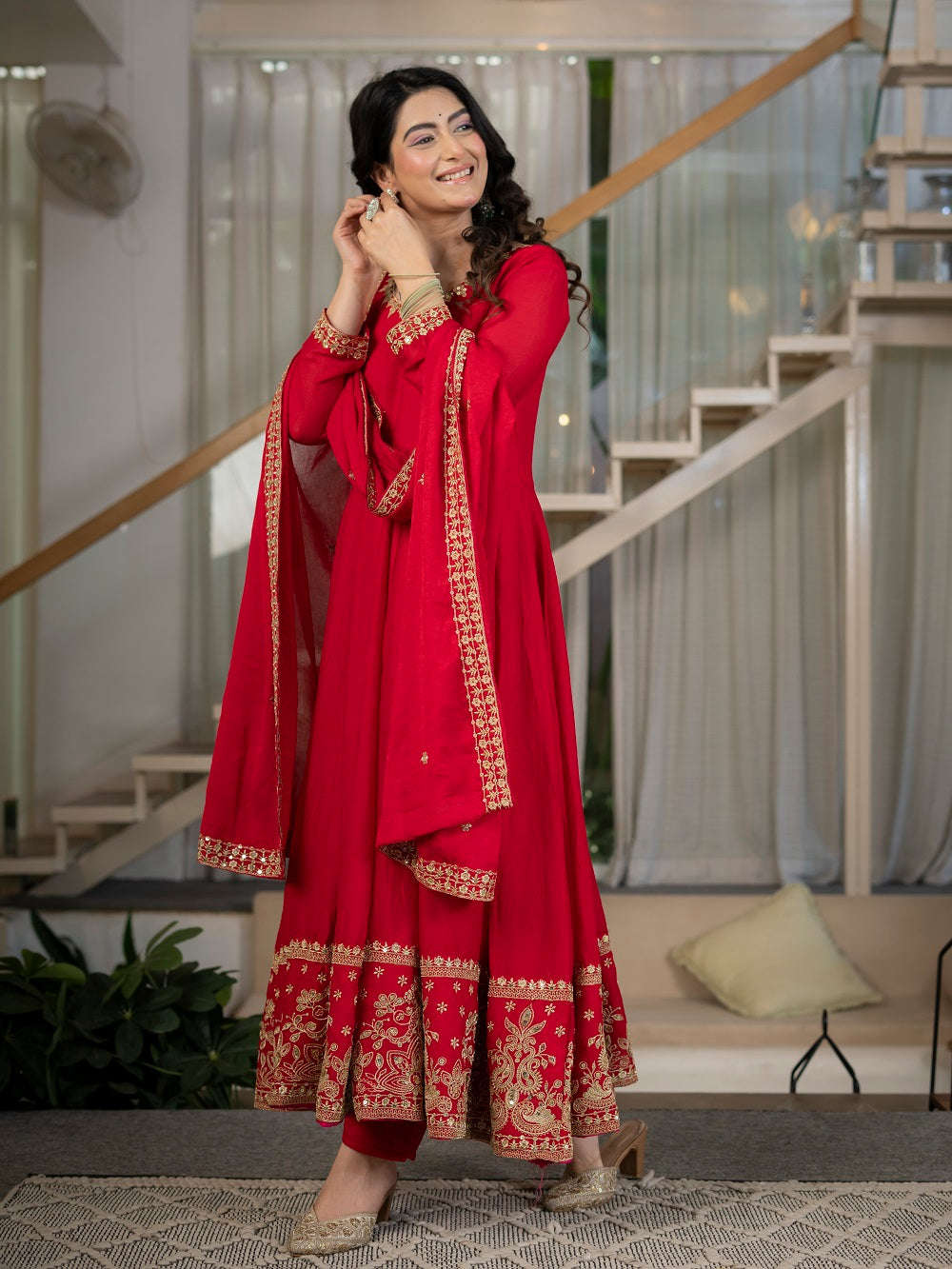 Red Embroidered Anarkali Suit Set for Reception