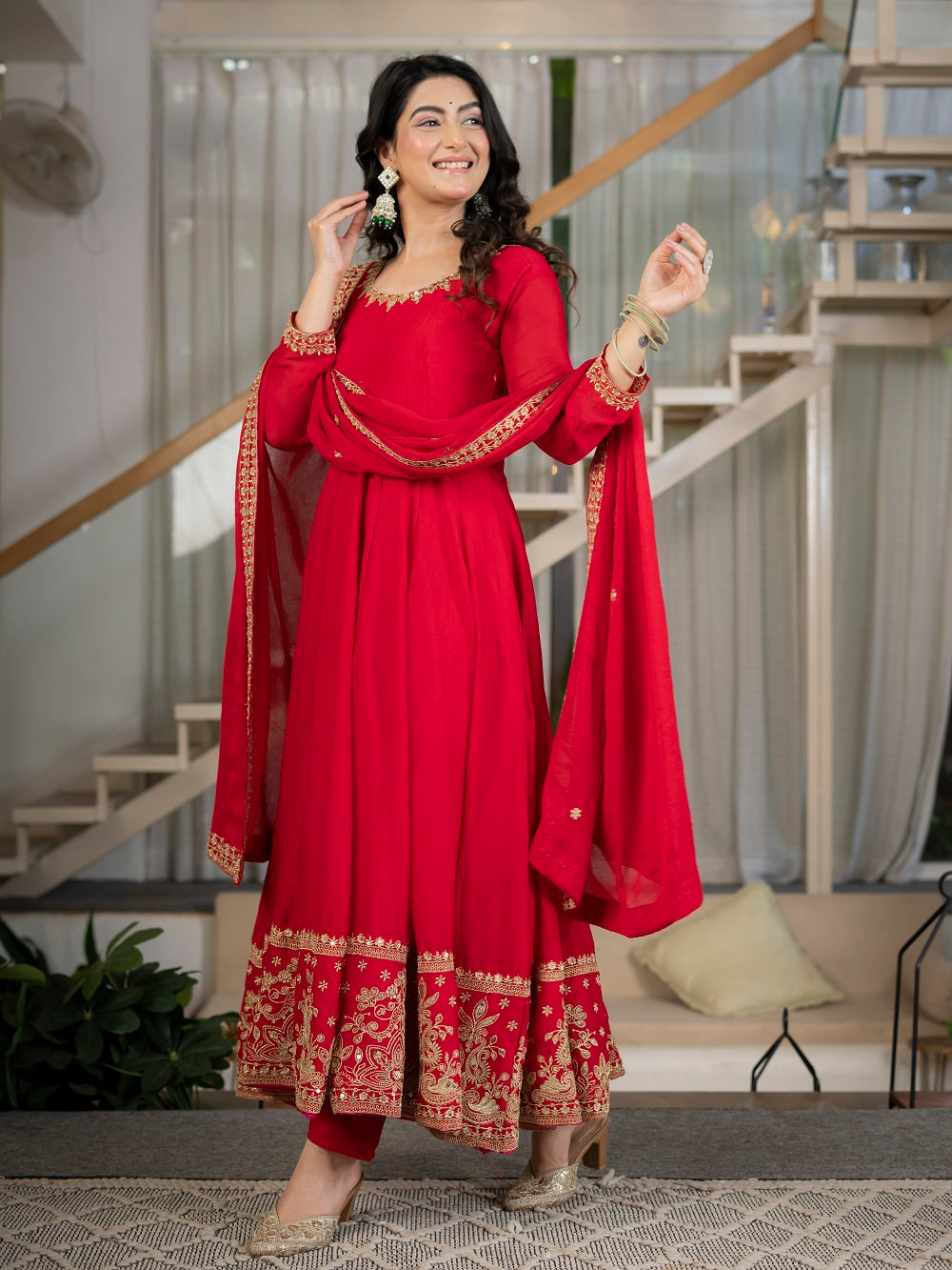Red Embroidered Anarkali Suit Set for Reception