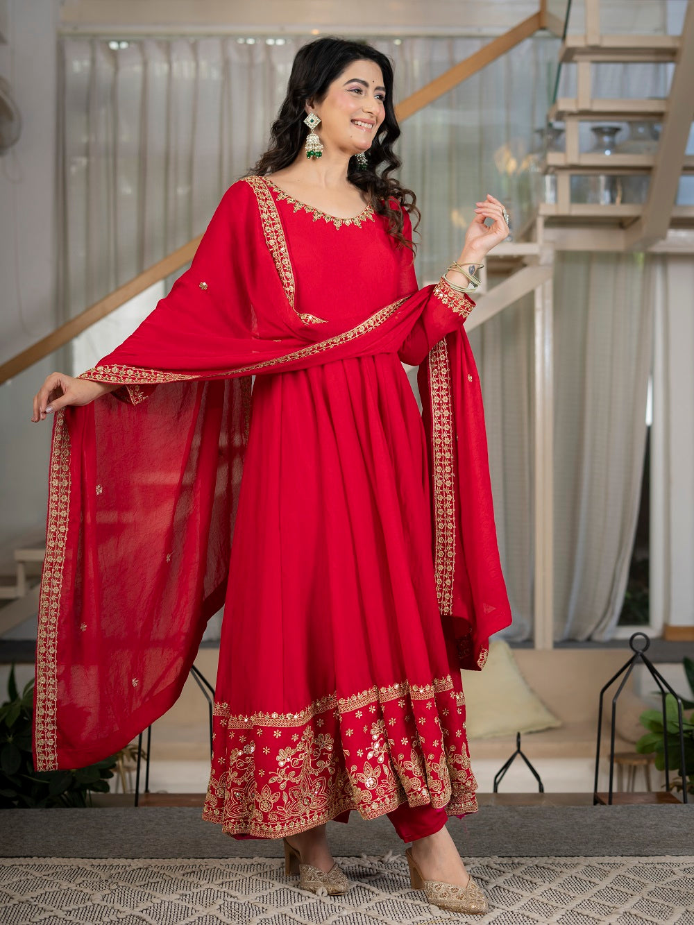 Red Embroidered Anarkali Suit Set for Reception
