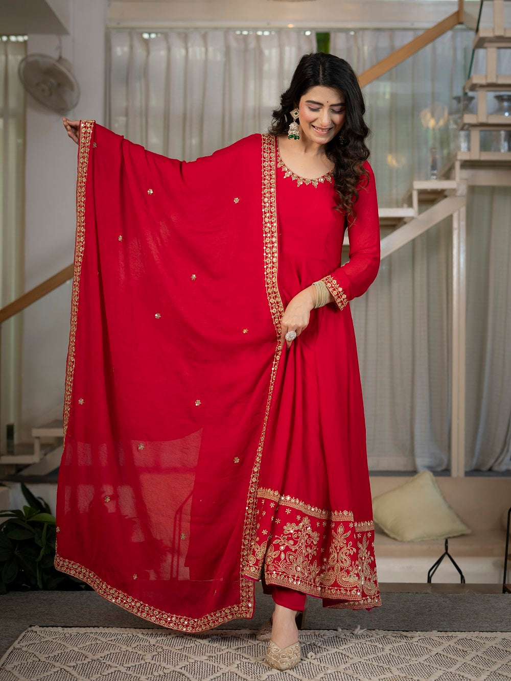 Red Embroidered Anarkali Suit Set for Reception
