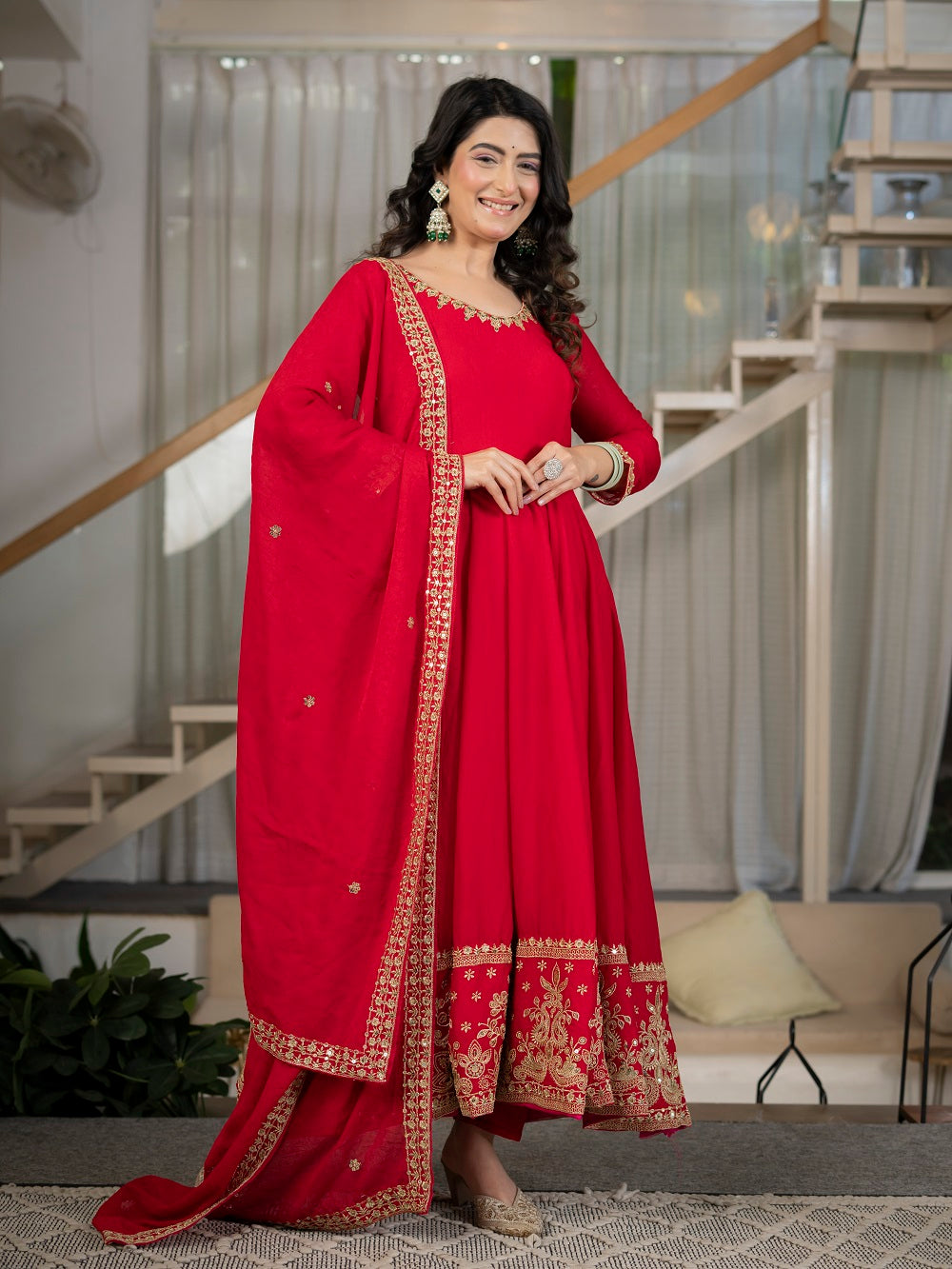 Red Embroidered Anarkali Suit Set for Reception