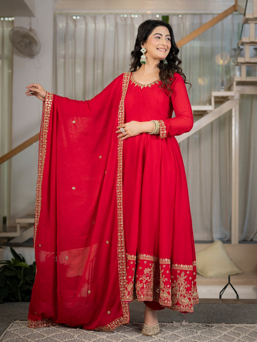 Red Embroidered Anarkali Suit Set for Reception