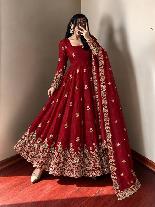 Red Embroidered Floral Anarkali Suit with Heavy Zari Border & Dupatta